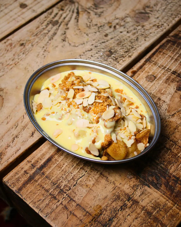 Apple Crumble and Custard at Dear Diana – homemade apple crumble with flaked almonds and warm custard