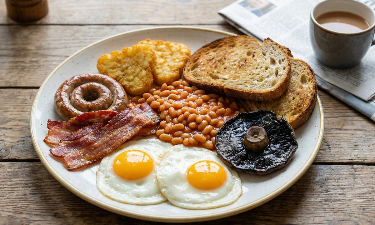 Two fried eggs, streaky bacon, Cumberland sausage, baked beans, potato hash, portobello mushroom, sourdough (veggie option available)